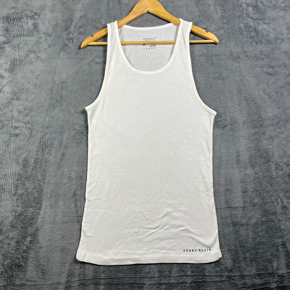 Perry Ellis Portfolio Tank Top Men XL White Ribbed Wide Strap Cotton Classic Fit